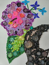 Load image into Gallery viewer, Hibiscus and Skull Bead Art, Skull Decor, Unique Gift, Emo Art, Edgy Decor, Upcycled Art, Skull Art, Skull and flower wall art, Button Art