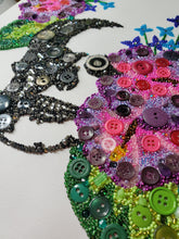 Load image into Gallery viewer, Hibiscus and Skull Bead Art, Skull Decor, Unique Gift, Emo Art, Edgy Decor, Upcycled Art, Skull Art, Skull and flower wall art, Button Art