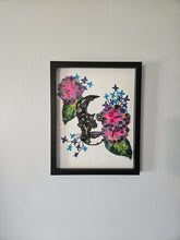 Load image into Gallery viewer, Hibiscus and Skull Bead Art, Skull Decor, Unique Gift, Emo Art, Edgy Decor, Upcycled Art, Skull Art, Skull and flower wall art, Button Art