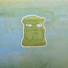 Load image into Gallery viewer, Green cartoon character sticker on a watercolor background
