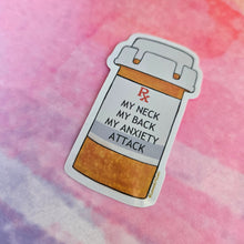 Load image into Gallery viewer, Sticker of a pill bottle with text on a pink and purple watercolor background
