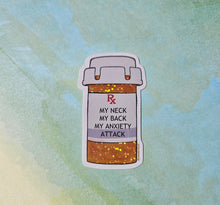 Load image into Gallery viewer, Sticker of a pill bottle with text on a textured background
