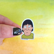 Load image into Gallery viewer, Hand holding a cartoon character sticker against a yellow background
