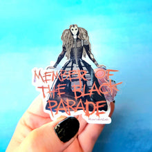 Load image into Gallery viewer, Sticker with 'Member of the Black Parade' text held against a blue background
