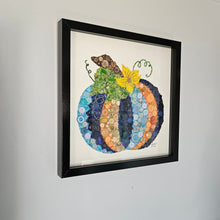 Load image into Gallery viewer, Framed mosaic artwork of a pumpkin with a brown bear on a white wall.
