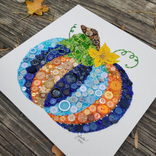 Load image into Gallery viewer, Colorful button art of a pumpkin on a wooden surface with leaves.

