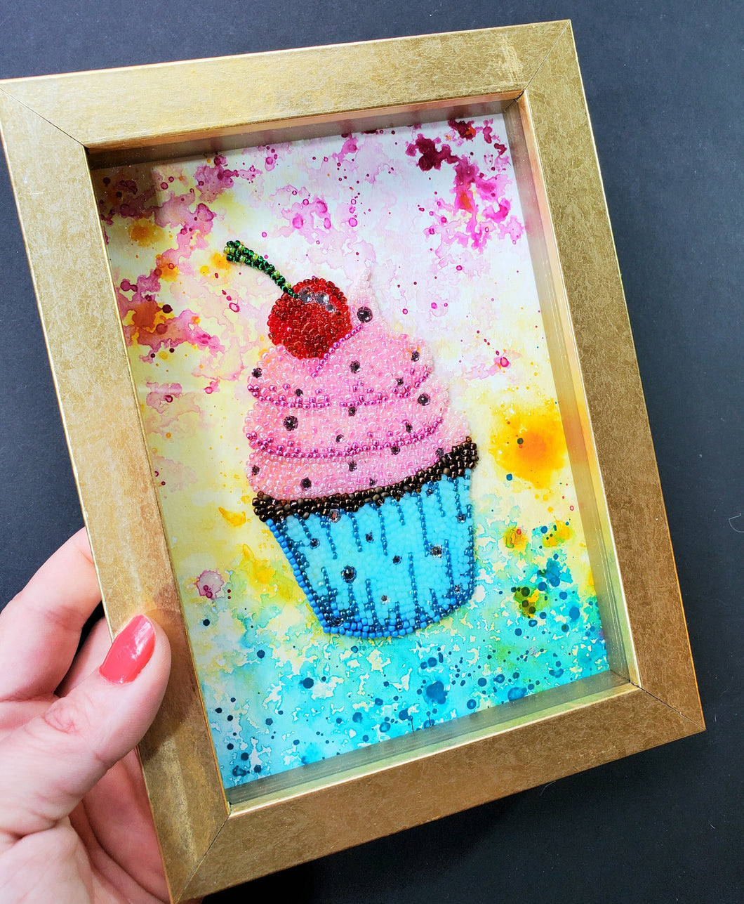 Cherry Chocolate Bead Cupcake Wall Art, Kitchen Decor, Foodie Gift, Bakery Art, Colorful Art, Small Wall Art, Baker Decor, Unique Gift