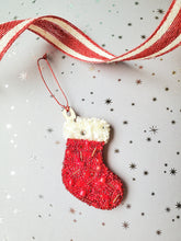 Load image into Gallery viewer, Small Stocking Ornament, Handmade Decor, Unique Gift, One Of A Kind Gift, Traditional Christmas Decor, Mini Ornaments, Cottagecore
