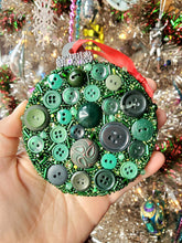 Load image into Gallery viewer, Green Button Ornament, Beaded Ornament, Handmade Decor One-of-a-kind Christmas Tree decor, Christmas Decorations, Green Christmas Decor
