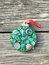 Load image into Gallery viewer, Green Button Ornament, Beaded Ornament, Handmade Decor One-of-a-kind Christmas Tree decor, Christmas Decorations, Green Christmas Decor
