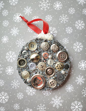 Load image into Gallery viewer, Silver Button Ornament, Button Art, Handmade Decor, CottageCore, Farmhouse Design, Rustic Christmas,
