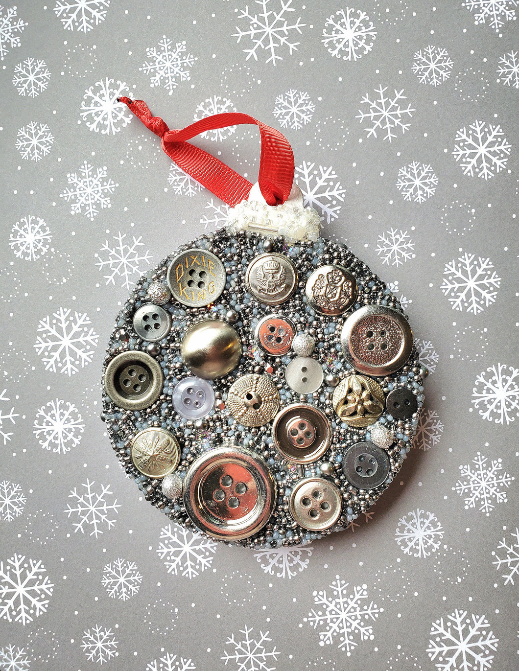 Silver Button Ornament, Button Art, Handmade Decor, CottageCore, Farmhouse Design, Rustic Christmas,