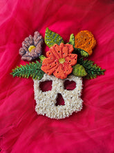 Load image into Gallery viewer, Floral Skull Wall Art, Beaded Artwork, Emo Art, Edgy Home Decor, Punk Aesthetic decor, One-of-a-kind Skull decor, Skull and Flowers Art
