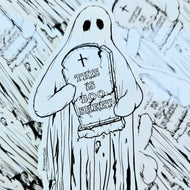 A vinyl sticker design featuring a cartoon-style ghost holding a tombstone with the phrase 'This is Boo sheet.'