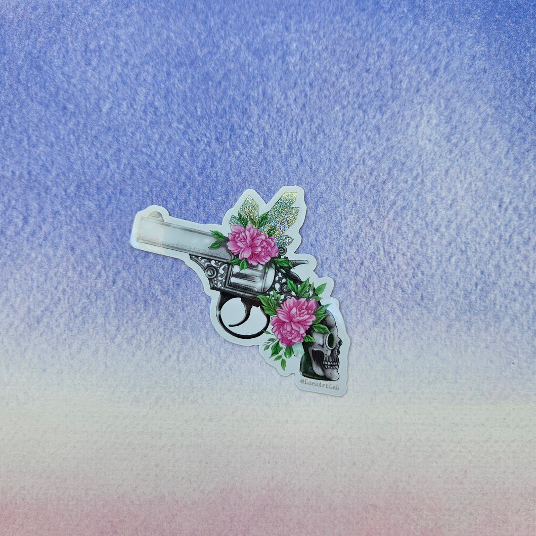 Small Skull Sticker, Revolver Art, Original Vinyl Sticker, Sticker for water bottle, Gun Art